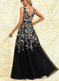 Ashanti A-line V-Neck Floor-Length Lace Tulle Evening Dress With Beading Sequins UKP0021131