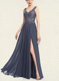 Lila A-line V-Neck Floor-Length Chiffon Lace Prom Dresses With Beading Sequins UKP0021132