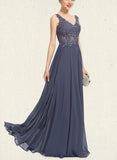 Lila A-line V-Neck Floor-Length Chiffon Lace Prom Dresses With Beading Sequins UKP0021132