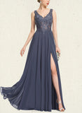 Lila A-line V-Neck Floor-Length Chiffon Lace Prom Dresses With Beading Sequins UKP0021132