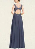 Lila A-line V-Neck Floor-Length Chiffon Lace Prom Dresses With Beading Sequins UKP0021132