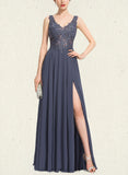 Lila A-line V-Neck Floor-Length Chiffon Lace Prom Dresses With Beading Sequins UKP0021132