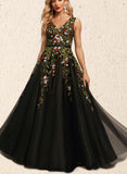 Desiree A-line V-Neck Floor-Length Lace Tulle Evening Dress With Beading Sequins UKP0021135