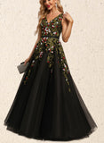 Desiree A-line V-Neck Floor-Length Lace Tulle Evening Dress With Beading Sequins UKP0021135