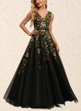 Desiree A-line V-Neck Floor-Length Lace Tulle Evening Dress With Beading Sequins UKP0021135