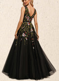 Desiree A-line V-Neck Floor-Length Lace Tulle Evening Dress With Beading Sequins UKP0021135