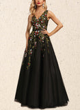 Desiree A-line V-Neck Floor-Length Lace Tulle Evening Dress With Beading Sequins UKP0021135