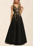 Desiree A-line V-Neck Floor-Length Lace Tulle Evening Dress With Beading Sequins UKP0021135