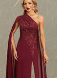 Journey Trumpet/Mermaid One Shoulder Floor-Length Chiffon Lace Evening Dress With Sequins UKP0021136