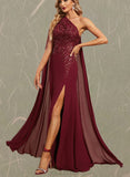 Journey Trumpet/Mermaid One Shoulder Floor-Length Chiffon Lace Evening Dress With Sequins UKP0021136