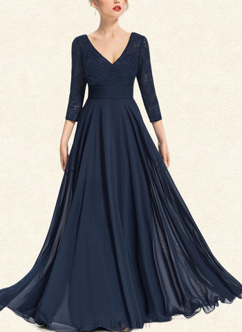 Ariana A-line V-Neck Floor-Length Chiffon Lace Evening Dress UKP0021138