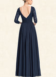 Ariana A-line V-Neck Floor-Length Chiffon Lace Evening Dress UKP0021138