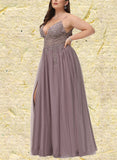 Katharine A-line V-Neck Floor-Length Lace Tulle Prom Dresses With Beading Sequins UKP0021139