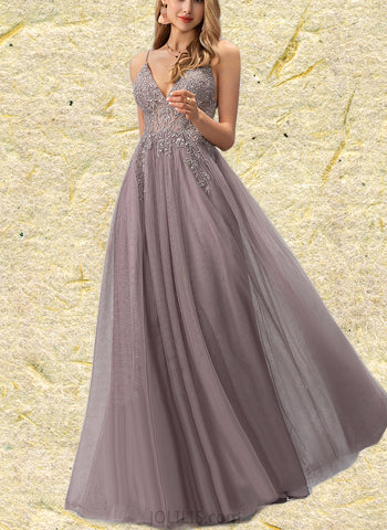 Katharine A-line V-Neck Floor-Length Lace Tulle Prom Dresses With Beading Sequins UKP0021139