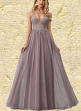 Katharine A-line V-Neck Floor-Length Lace Tulle Prom Dresses With Beading Sequins UKP0021139