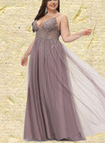 Katharine A-line V-Neck Floor-Length Lace Tulle Prom Dresses With Beading Sequins UKP0021139