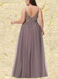 Katharine A-line V-Neck Floor-Length Lace Tulle Prom Dresses With Beading Sequins UKP0021139