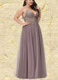 Katharine A-line V-Neck Floor-Length Lace Tulle Prom Dresses With Beading Sequins UKP0021139