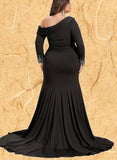 Kayley Sheath/Column Asymmetrical Sweep Train Jersey Evening Dress With Beading Pleated UKP0021141