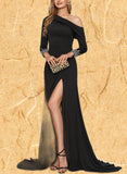 Kayley Sheath/Column Asymmetrical Sweep Train Jersey Evening Dress With Beading Pleated UKP0021141