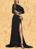 Kayley Sheath/Column Asymmetrical Sweep Train Jersey Evening Dress With Beading Pleated UKP0021141