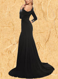 Kayley Sheath/Column Asymmetrical Sweep Train Jersey Evening Dress With Beading Pleated UKP0021141