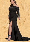 Kayley Sheath/Column Asymmetrical Sweep Train Jersey Evening Dress With Beading Pleated UKP0021141