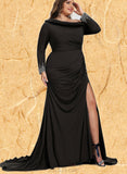 Kayley Sheath/Column Asymmetrical Sweep Train Jersey Evening Dress With Beading Pleated UKP0021141