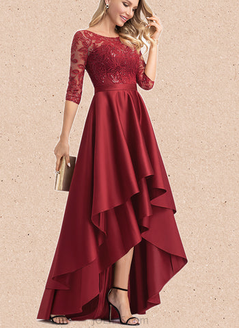 Phoebe A-line Scoop Illusion Asymmetrical Lace Satin Evening Dress With Sequins UKP0021142