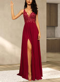 Alondra A-line V-Neck Floor-Length Chiffon Lace Evening Dress With Sequins UKP0021143