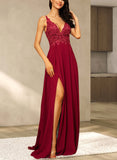 Alondra A-line V-Neck Floor-Length Chiffon Lace Evening Dress With Sequins UKP0021143