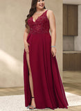 Alondra A-line V-Neck Floor-Length Chiffon Lace Evening Dress With Sequins UKP0021143