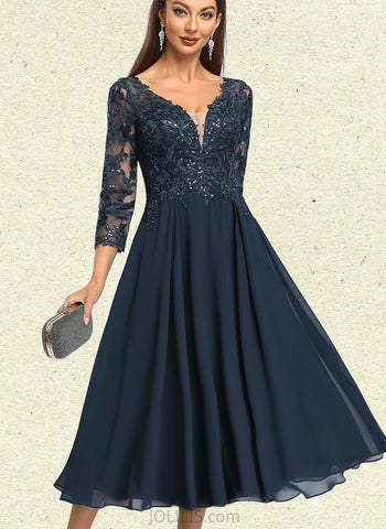 Simone A-line V-Neck Tea-Length Chiffon Lace Cocktail Dress With Sequins UKP0021145