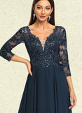 Simone A-line V-Neck Tea-Length Chiffon Lace Cocktail Dress With Sequins UKP0021145