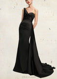 Karissa Trumpet/Mermaid One Shoulder Sweep Train Satin Evening Dress With Pleated UKP0021148