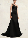 Karissa Trumpet/Mermaid One Shoulder Sweep Train Satin Evening Dress With Pleated UKP0021148