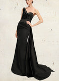 Karissa Trumpet/Mermaid One Shoulder Sweep Train Satin Evening Dress With Pleated UKP0021148