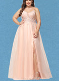 Lydia Ball-Gown/Princess V-Neck Floor-Length Lace Tulle Prom Dresses With Rhinestone Sequins UKP0021151