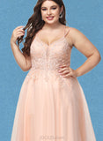 Lydia Ball-Gown/Princess V-Neck Floor-Length Lace Tulle Prom Dresses With Rhinestone Sequins UKP0021151