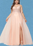 Lydia Ball-Gown/Princess V-Neck Floor-Length Lace Tulle Prom Dresses With Rhinestone Sequins UKP0021151