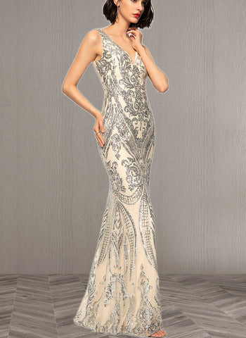 Sally Sheath/Column V-Neck Floor-Length Sequin Evening Dress UKP0021154