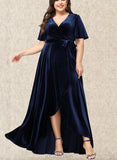 Teresa A-line V-Neck Asymmetrical Velvet Prom Dresses With Bow UKP0021155