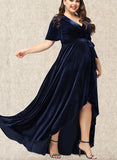 Teresa A-line V-Neck Asymmetrical Velvet Prom Dresses With Bow UKP0021155