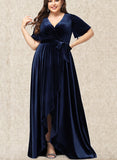 Teresa A-line V-Neck Asymmetrical Velvet Prom Dresses With Bow UKP0021155