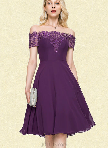 Nan A-line Off the Shoulder Knee-Length Chiffon Lace Cocktail Dress With Beading UKP0021159