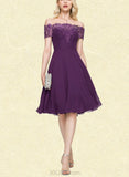 Nan A-line Off the Shoulder Knee-Length Chiffon Lace Cocktail Dress With Beading UKP0021159