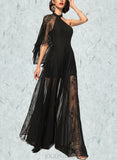 Olive A-line One Shoulder Floor-Length Chiffon Lace Evening Dress UKP0021162