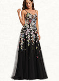 Melinda Ball-Gown/Princess V-Neck Sweep Train Lace Tulle Prom Dresses UKP0021165