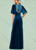 Celia Sheath/Column Scoop Floor-Length Velvet Evening Dress With Beading Appliques Lace Sequins UKP0021171