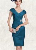 Kaleigh Sheath/Column V-Neck Knee-Length Satin Cocktail Dress With Crystal Brooch Pleated UKP0021177